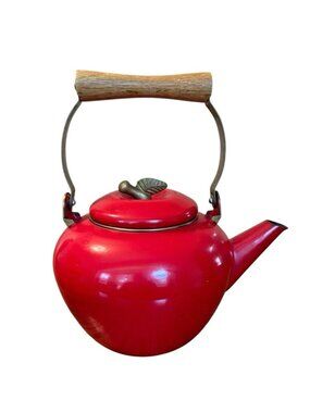 Vintage 1970's Red Enamel Apple Tea Kettle Grannycore Cottagecore Wood Handle